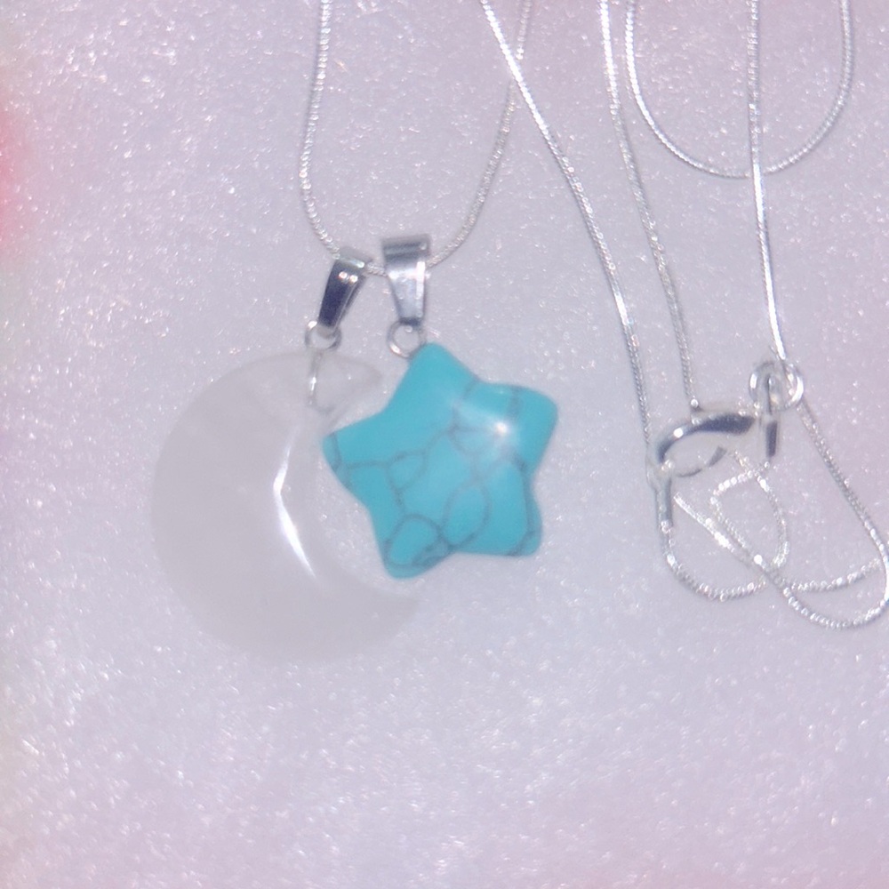 Bobo hippie Turquoise Star and Quartz Crystal Moon Sterling Silver 30” Neckla…